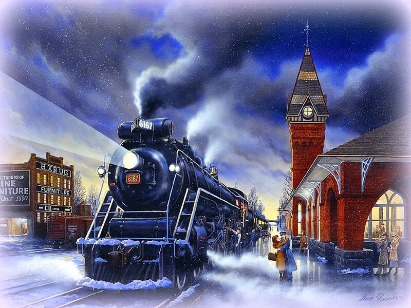 Steam Train at Station — Blue, Dramatic, Night
