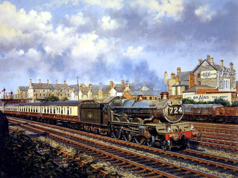 Steam Train at Station — Blue, Dramatic