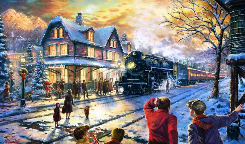 Steam Train at Station — Blue, Festive