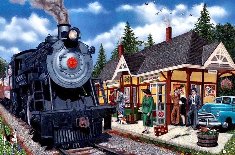 Steam Train at Station — Blue, Nostalgic