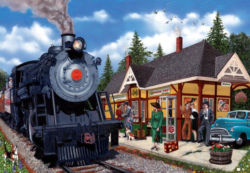 Steam Train at Station — Blue, Peaceful