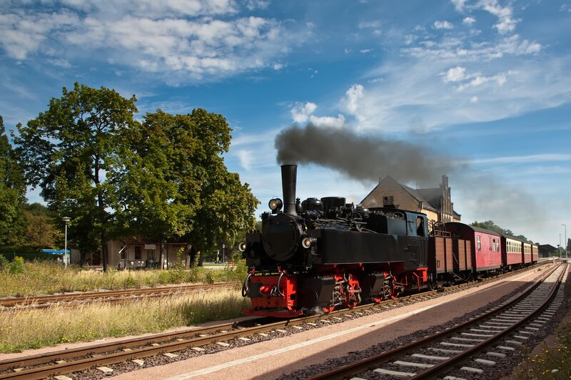Steam Train at Station — Blue, Serene, Afternoon