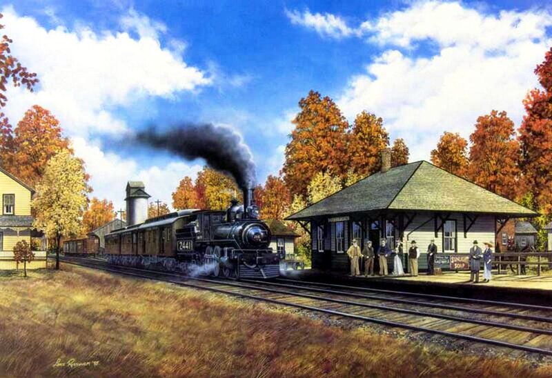 Steam Train at Station — Blue, Serene, Autumn
