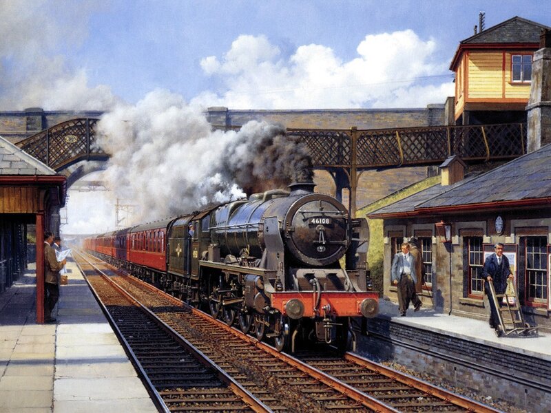 Steam Train at Station — Blue