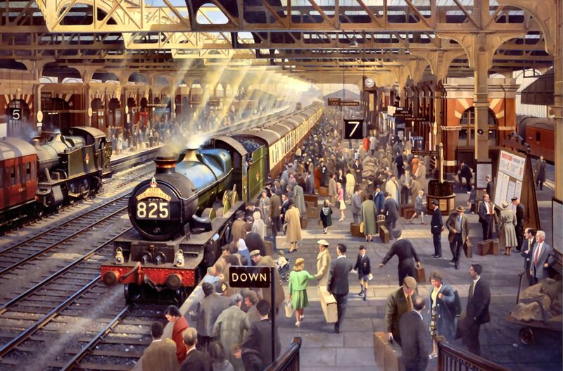 Steam Train at Station — Brown, Busy, Afternoon, Illustration