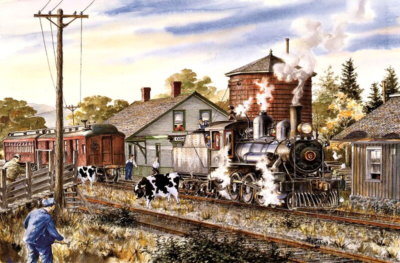 Steam Train at Station — Brown, Busy, Afternoon, Painting