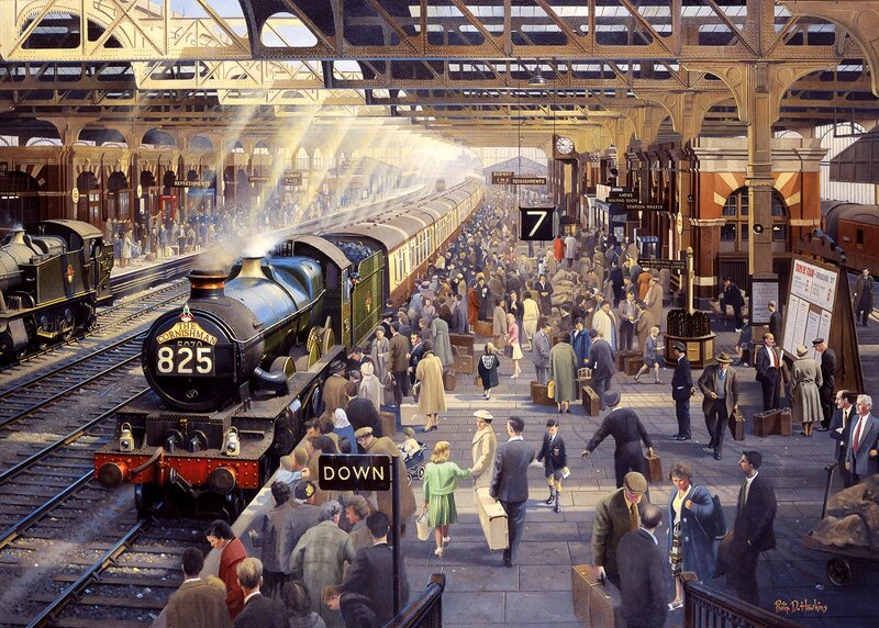 Steam Train at Station — Brown, Busy, Afternoon