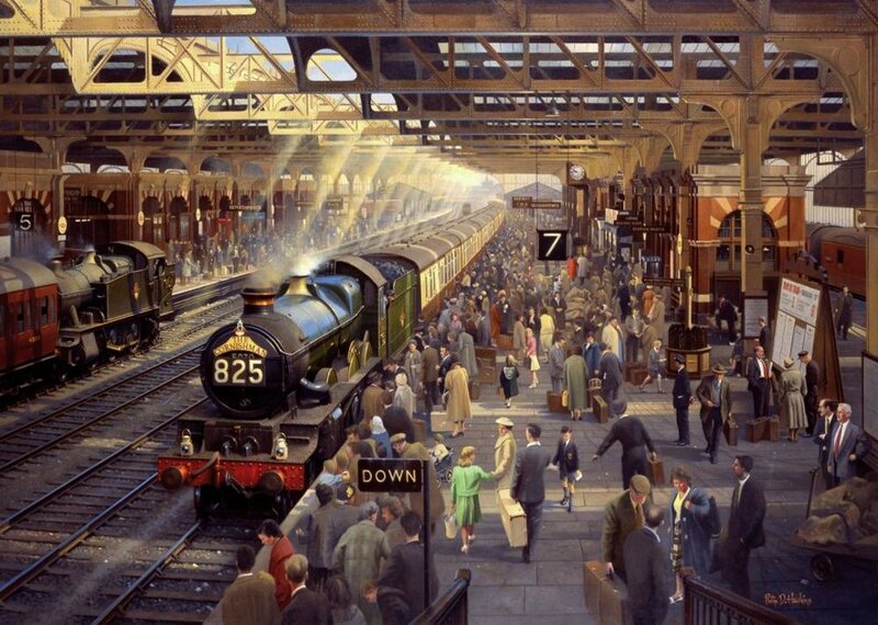 Steam Train at Station — Brown, Busy