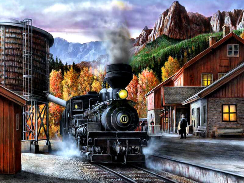 Steam Train at Station — Brown, Dramatic, Autumn
