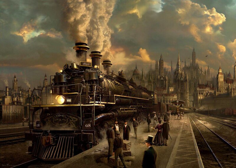 Steam Train at Station — Brown, Dramatic