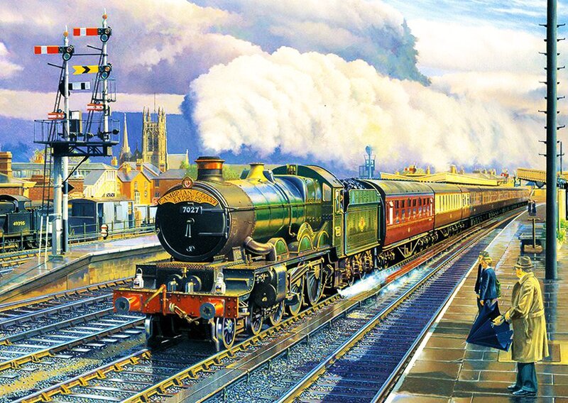 Steam Train at Station — Green, Dramatic, Afternoon, Illustration