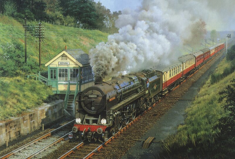 Steam Train at Station — Green, Dramatic, Afternoon, Painting, Smoke