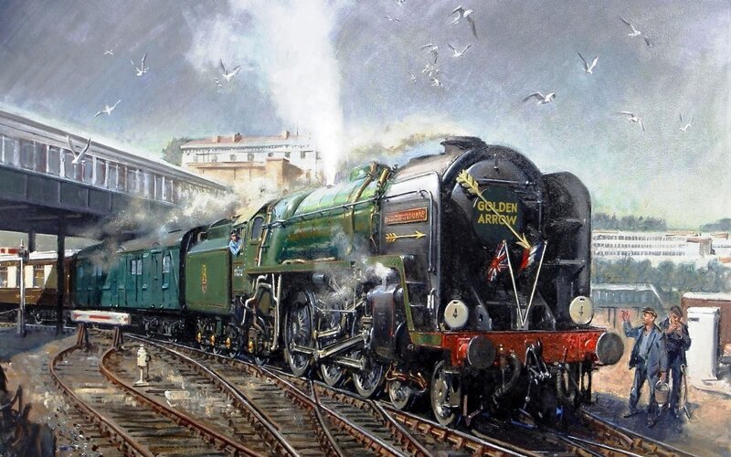 Steam Train at Station — Green, Dramatic, Afternoon, Painting