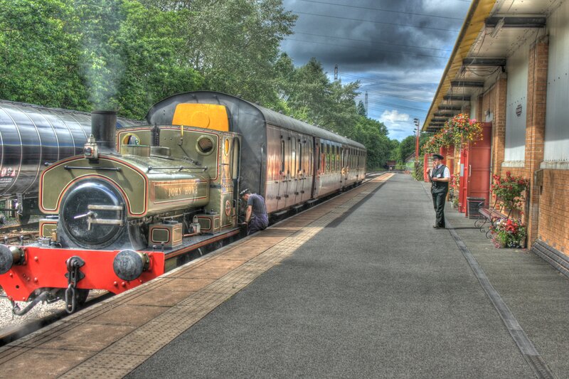 Steam Train at Station — Green, Dramatic, Afternoon