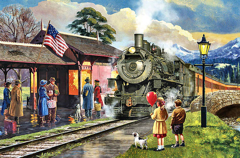 Steam Train at Station — Green, Nostalgic