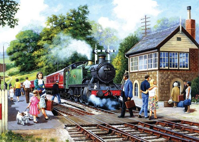 Steam Train at Station — Green, Peaceful, Afternoon, Illustration, People