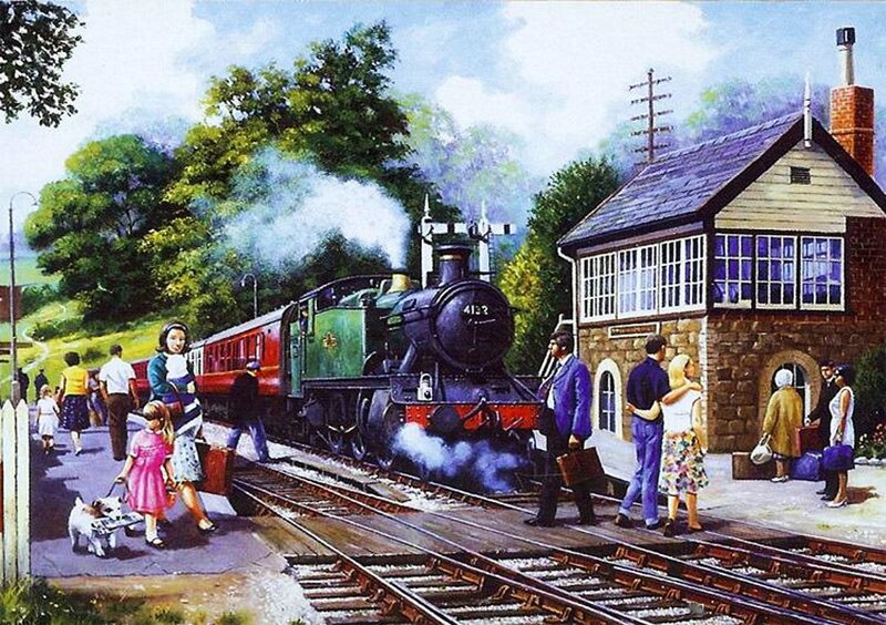 Steam Train at Station — Green, Peaceful, Afternoon, Painting