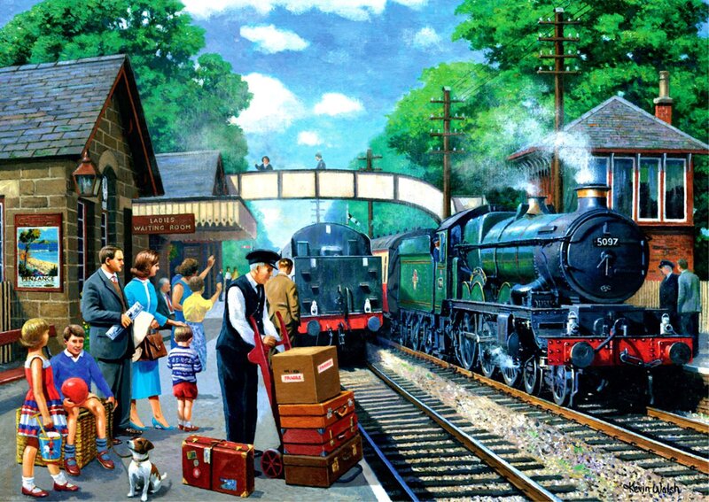 Steam Train at Station — Green, Peaceful, Afternoon