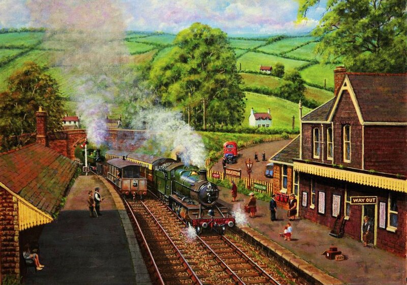 Steam Train at Station — Green, Serene, Afternoon