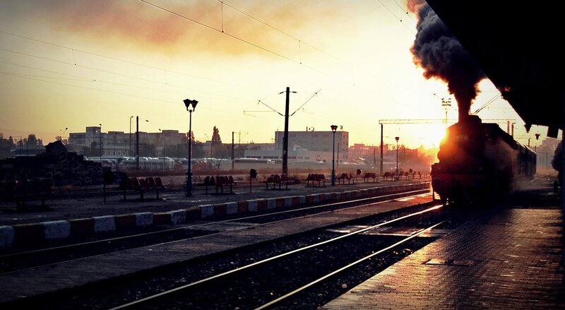 Steam Train at Station — Orange, Dramatic