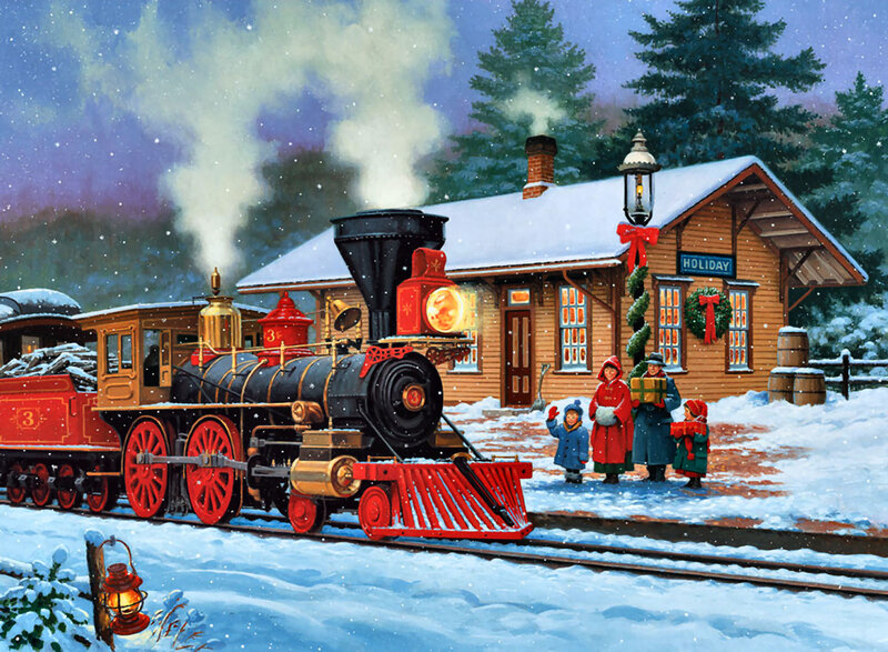 Steam Train at Station — Red, Festive