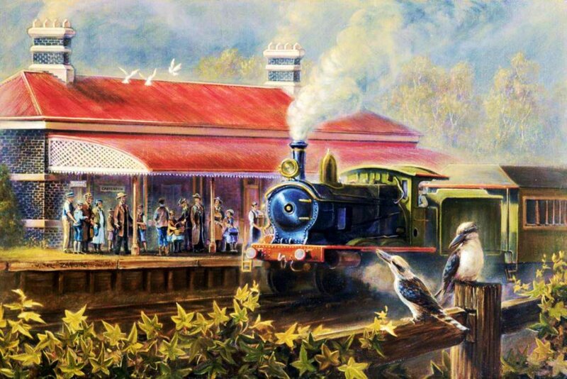 Steam Train at Station — Red, Serene, Afternoon