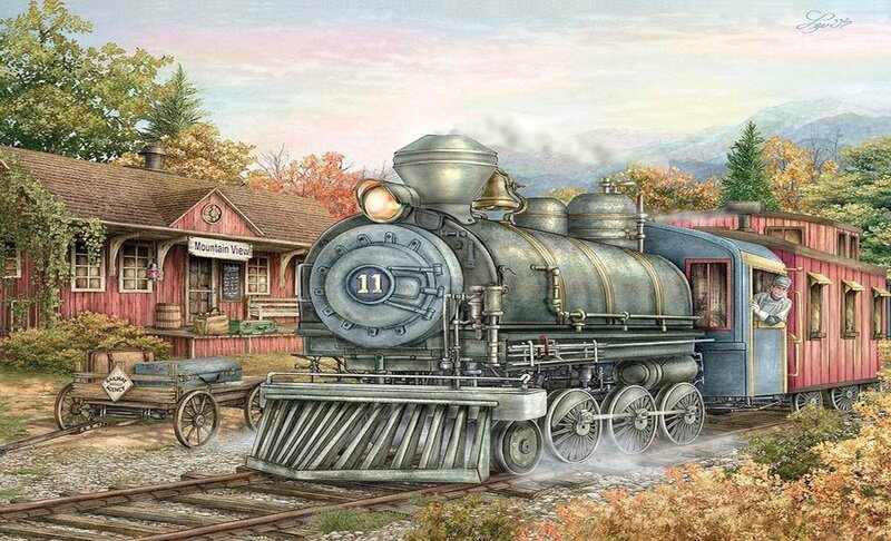 Steam Train at Station — Red, Serene, Autumn