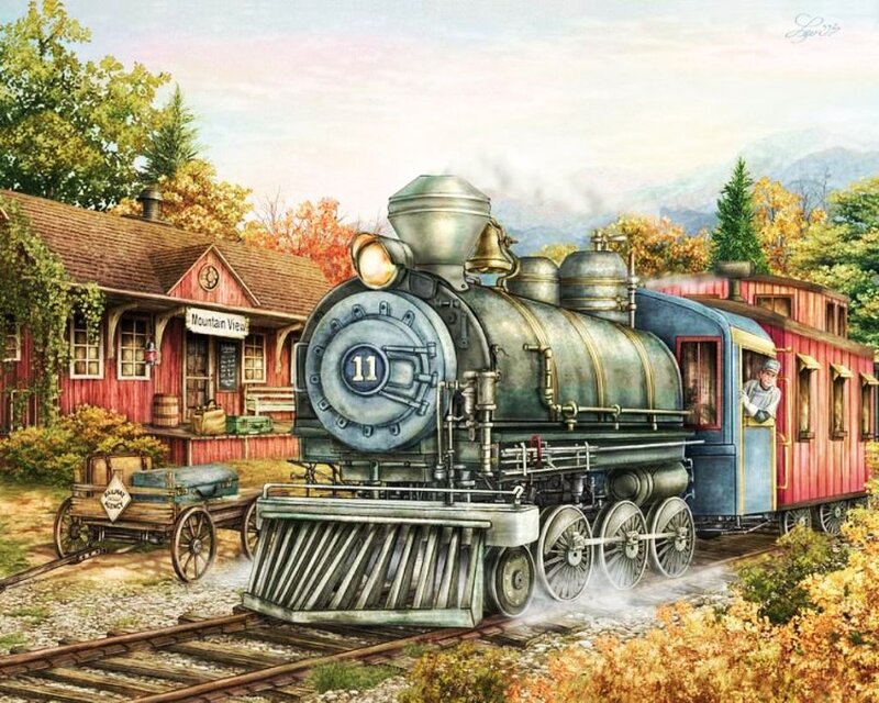 Steam Train at Station — Red, Serene