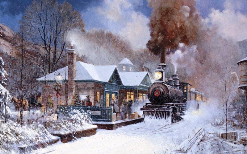 Steam Train at Station — White, Dramatic