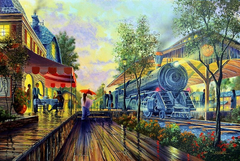 Steam Train at Station — Yellow