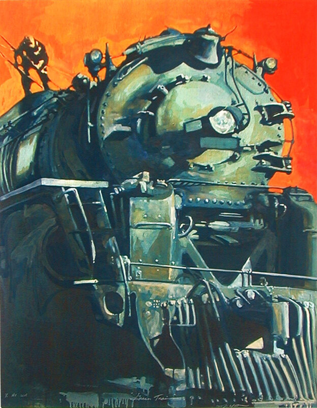 steam train at sunset