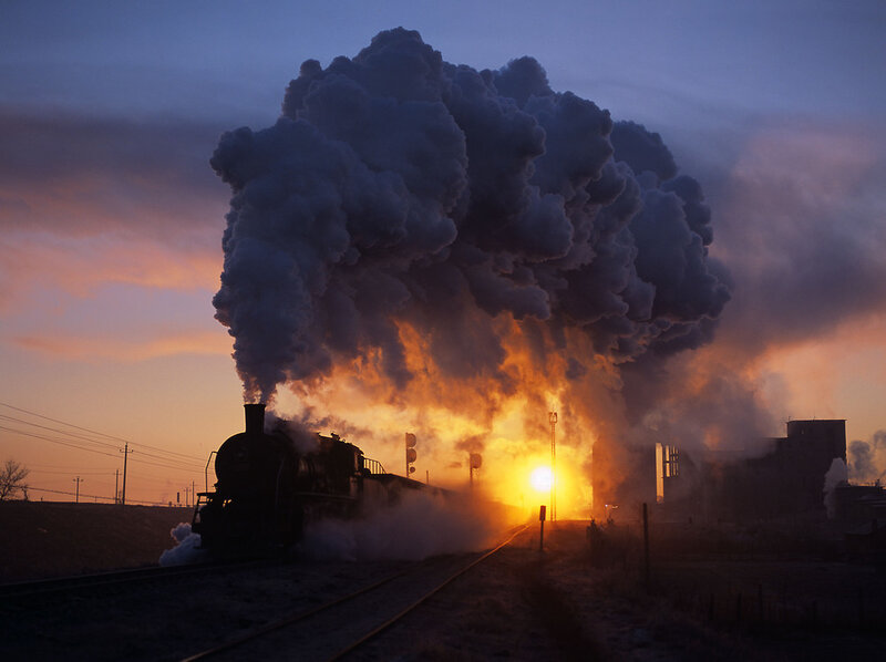 Steam Train at Sunset — Orange, Dramatic