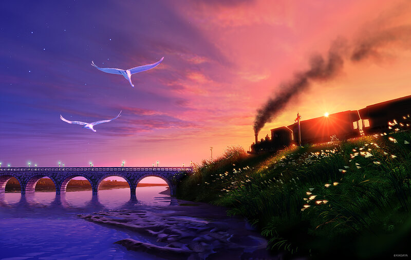 Steam Train at Sunset — Purple