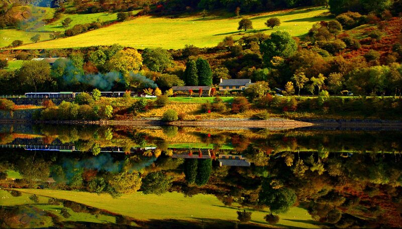 Steam Train by Lake — Green