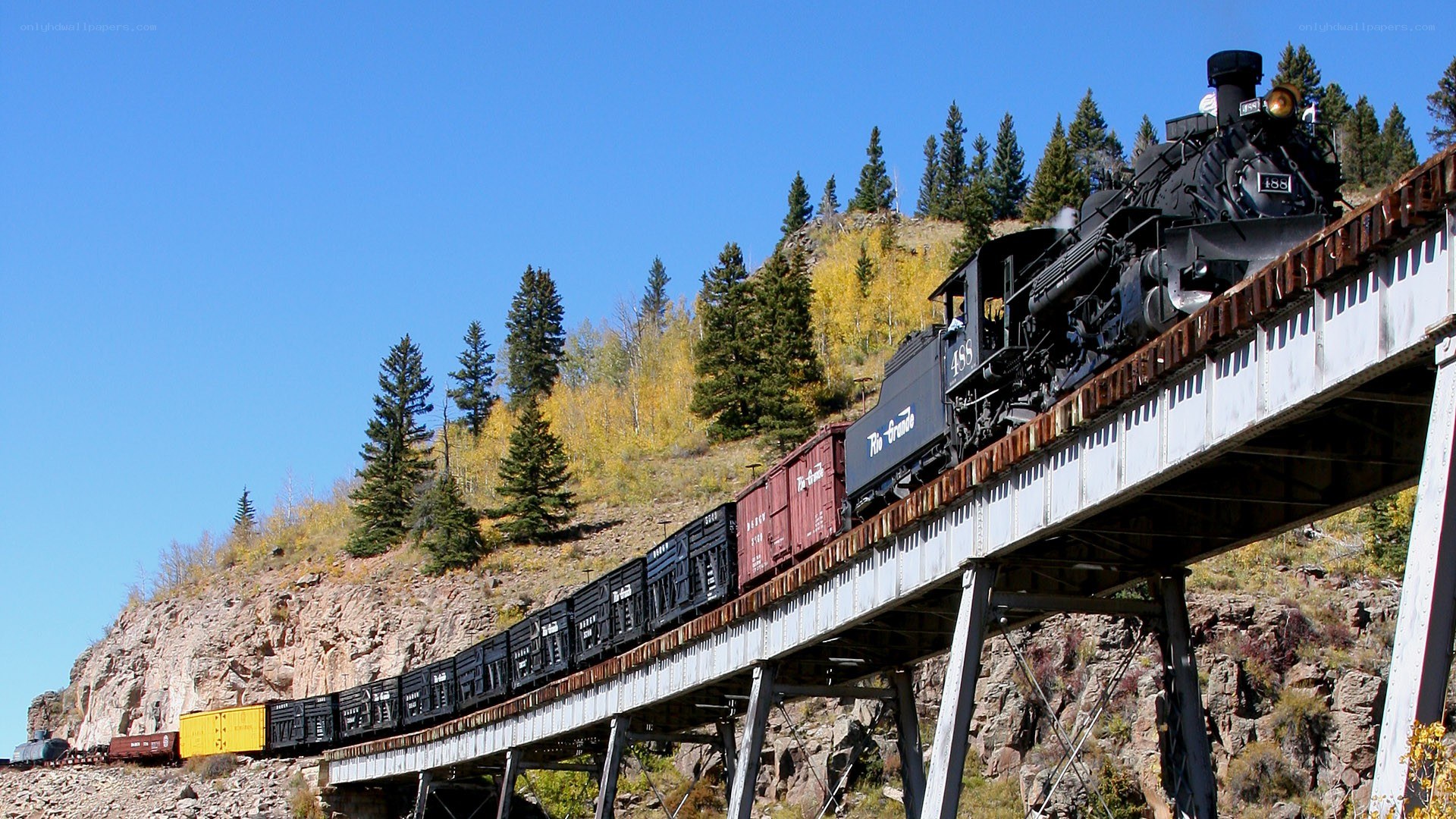 Steam train crossing a bridge