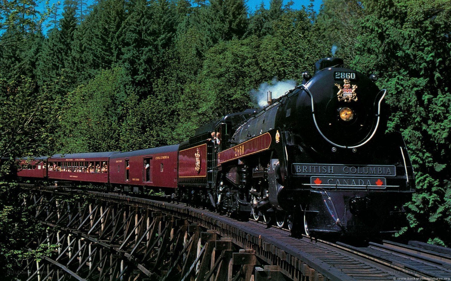 Steam train crossing a trestle