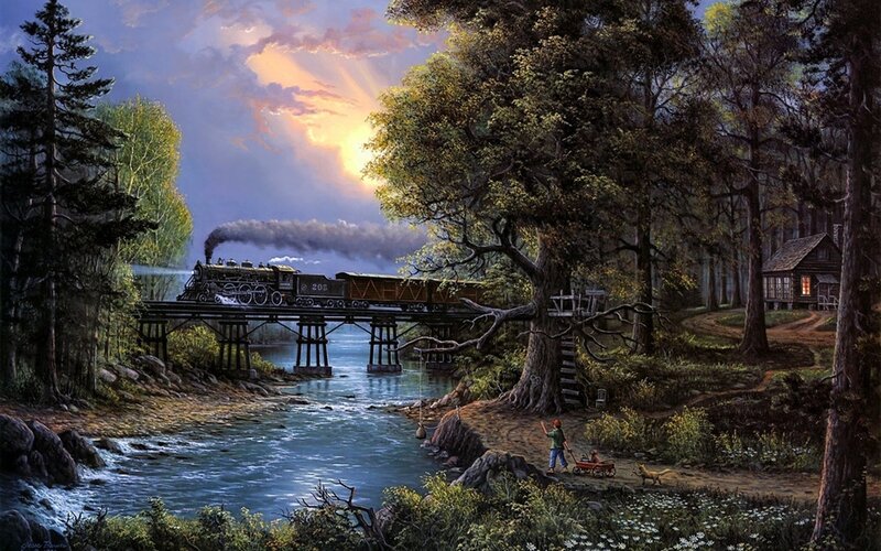 Steam Train Crossing Bridge — Blue, Dramatic