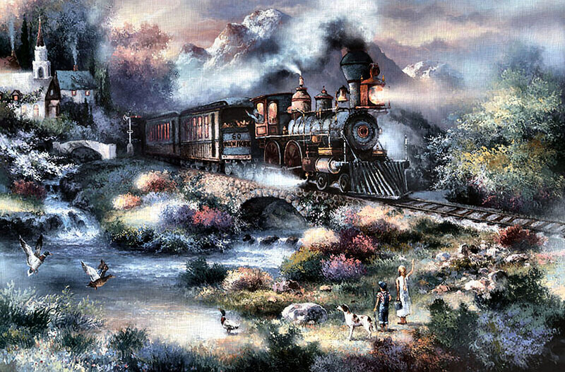 Steam Train Crossing Bridge — Blue, Serene, Afternoon