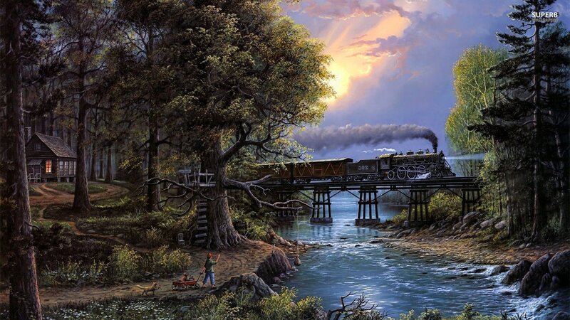 Steam Train Crossing Bridge — Blue, Serene, Sunset