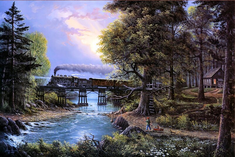 Steam Train Crossing Bridge — Blue, Serene
