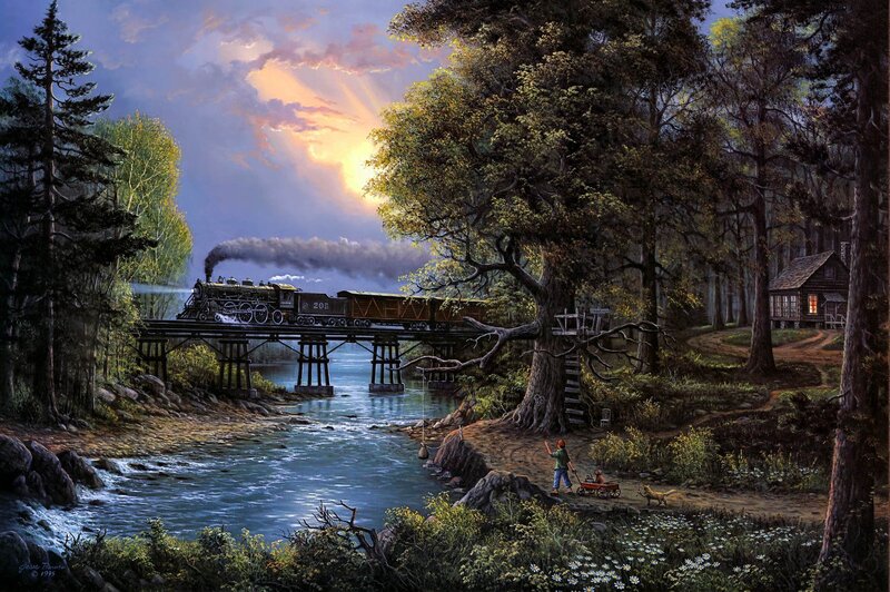 Steam Train Crossing Bridge — Blue