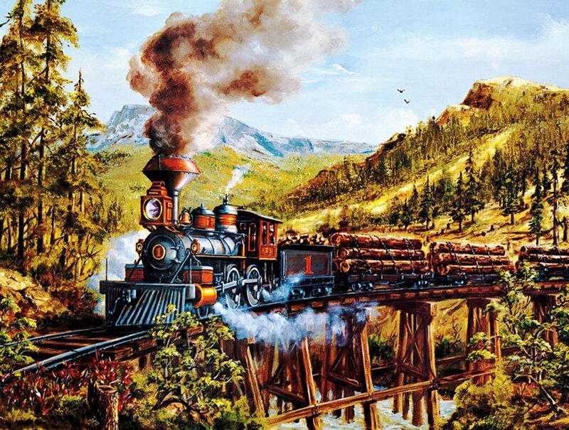 Steam Train Crossing Bridge — Brown