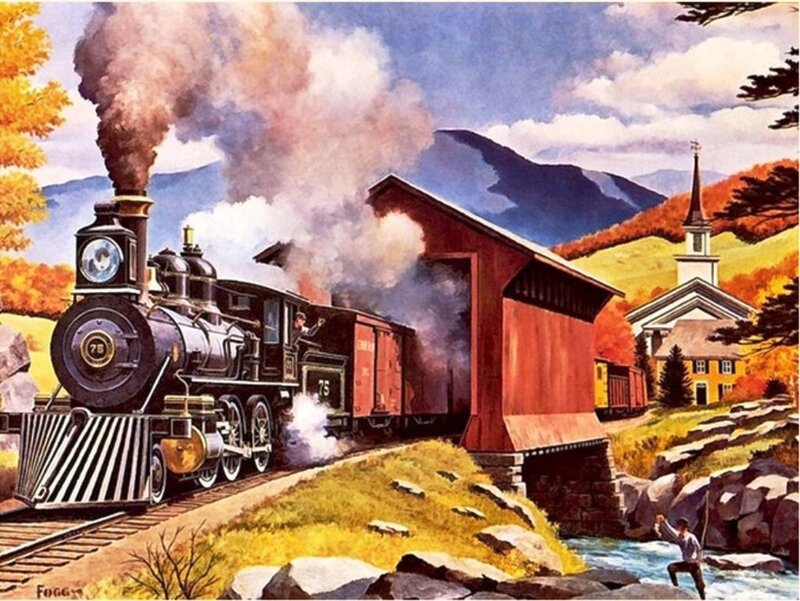 Steam Train Crossing Bridge — Red