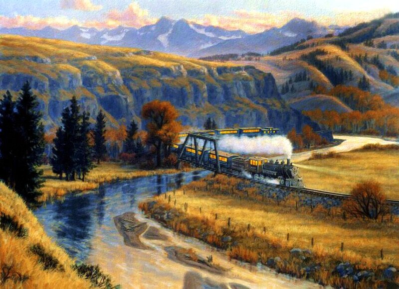 Steam Train Crossing Bridge — Yellow, Serene