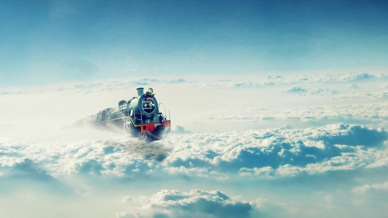 steam train flying through clouds