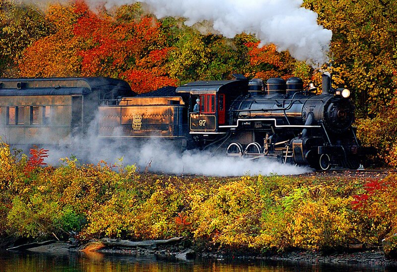 Steam Train in Autumn — Orange, Serene, Photograph
