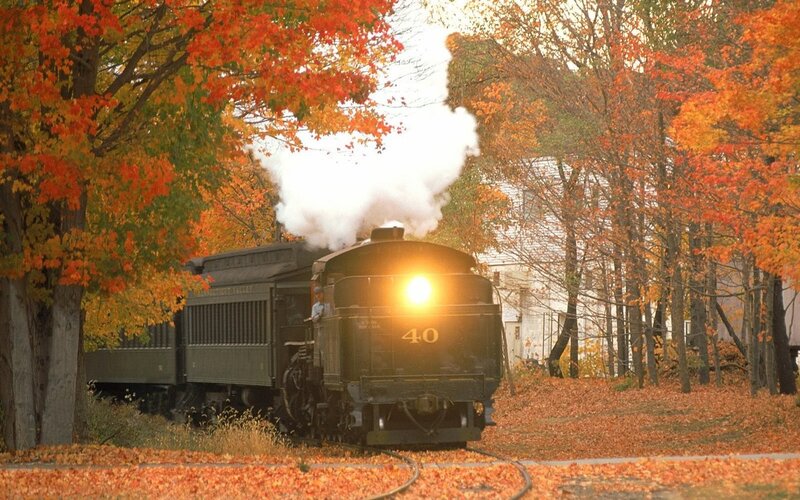 Steam Train in Autumn — Orange, Serene, Photograph, Trees, Leaves, Building
