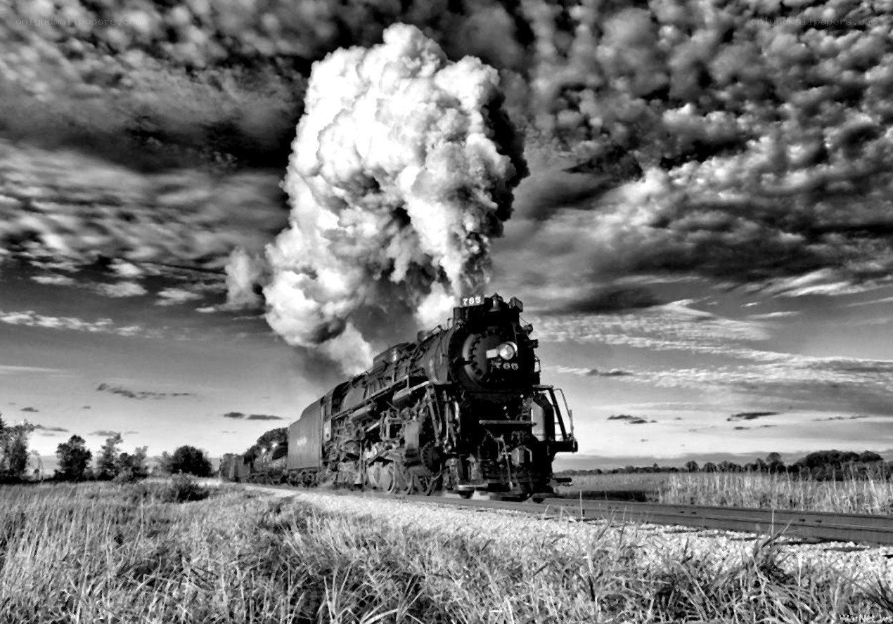 Steam train in black and white