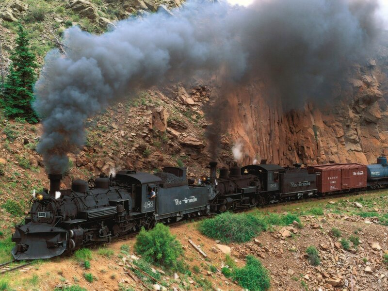 Steam Train in Canyon — Black, Dramatic, Afternoon, Photograph, Smoke, Railway Tracks