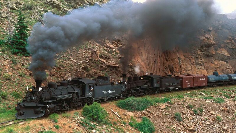 Steam Train in Canyon — Black, Dramatic, Afternoon, Photograph, Smoke, Rocky Cliff